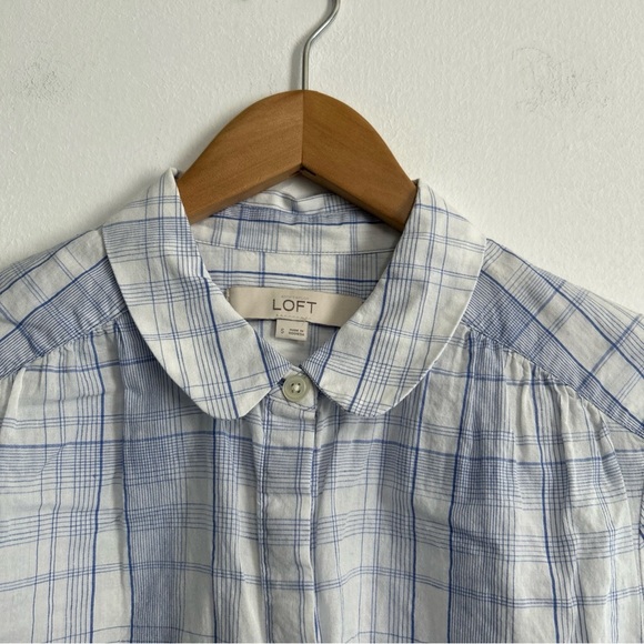 LOFT Plaid Linen Blend Button Blouse Peter Pan Collar Preppy White Blue Spring - Picture 3 of 12